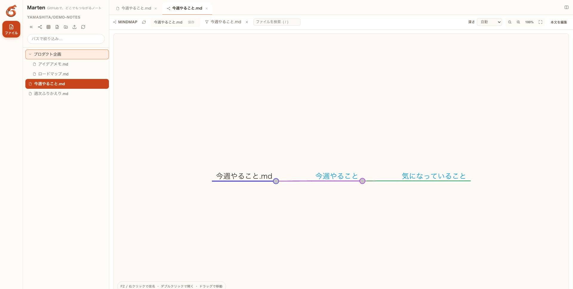 Martenのサイドバー。「プロダクト企画」フォルダを展開し、中の「アイデアメモ.md」「ロードマップ.md」が表示されている