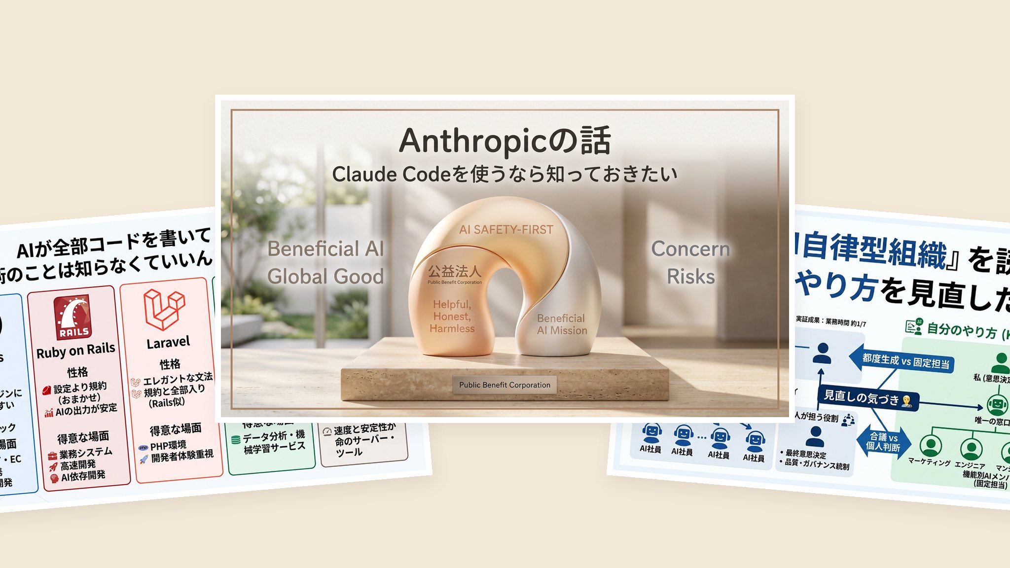 note記事のアイキャッチが3枚並んだ画像。生成AIやAI自律型組織を扱った記事が並んでいる。